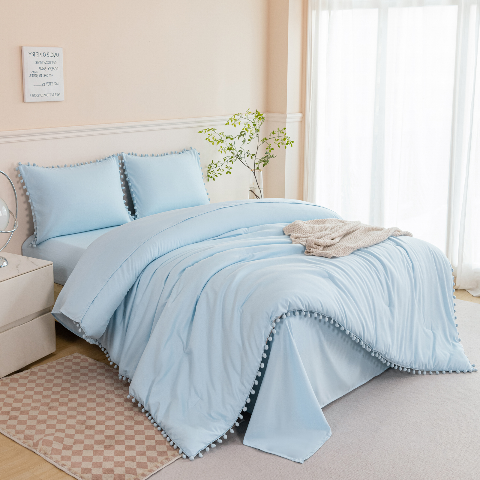RYNGHIPY Pom Fringe Bed Comforter Set Queen Size for Girls 3Pcs Baby Blue Comforter Set Solid Fluffy Bedding Set for All Season Soft Bed Set with Comforter(Light Blue,Queen)