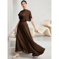 thumbnail image 3 of Coffee Brown Solid Color Round Neck Batwing Short Sleeve Pleated Maxi Dress For Women, 3 of 7