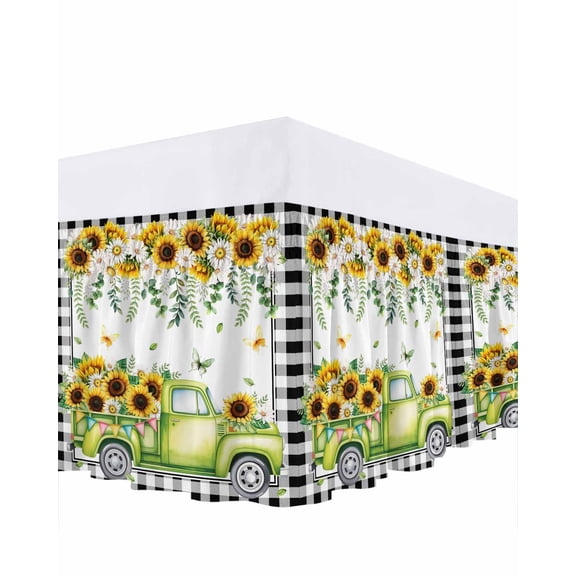 Spring Truck Bed Skirt California King Size 18 Inch Drop, Rustic White Yellow Floral Leaf Butterfly Black Plaid Adjustable Elastic Dust Ruffles Bedskirt Wrap Around Pleated Mattress Frame Cover