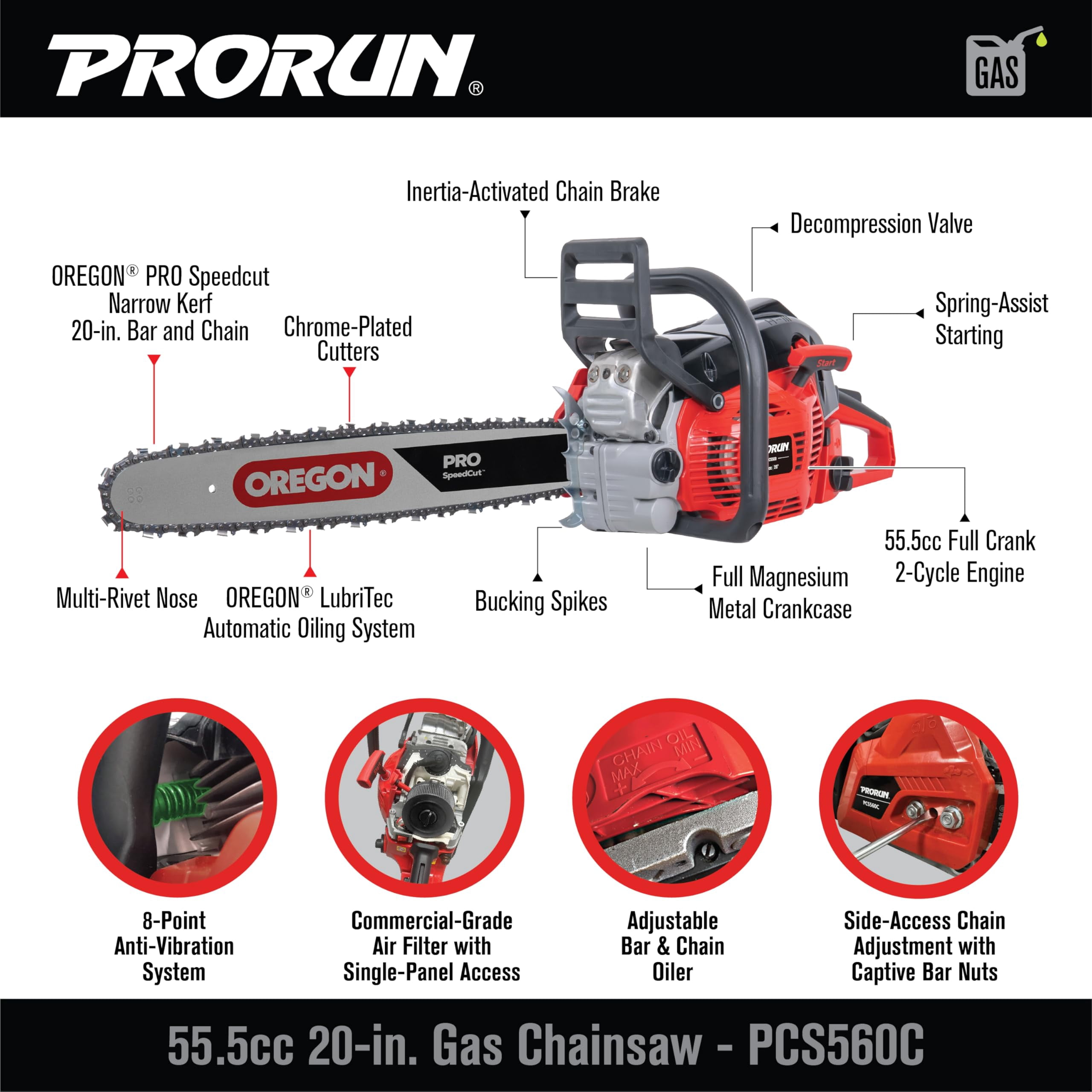 PRORUN 20" 55.5cc 2-Cycle Gas Powered Chainsaw, Well Balanced