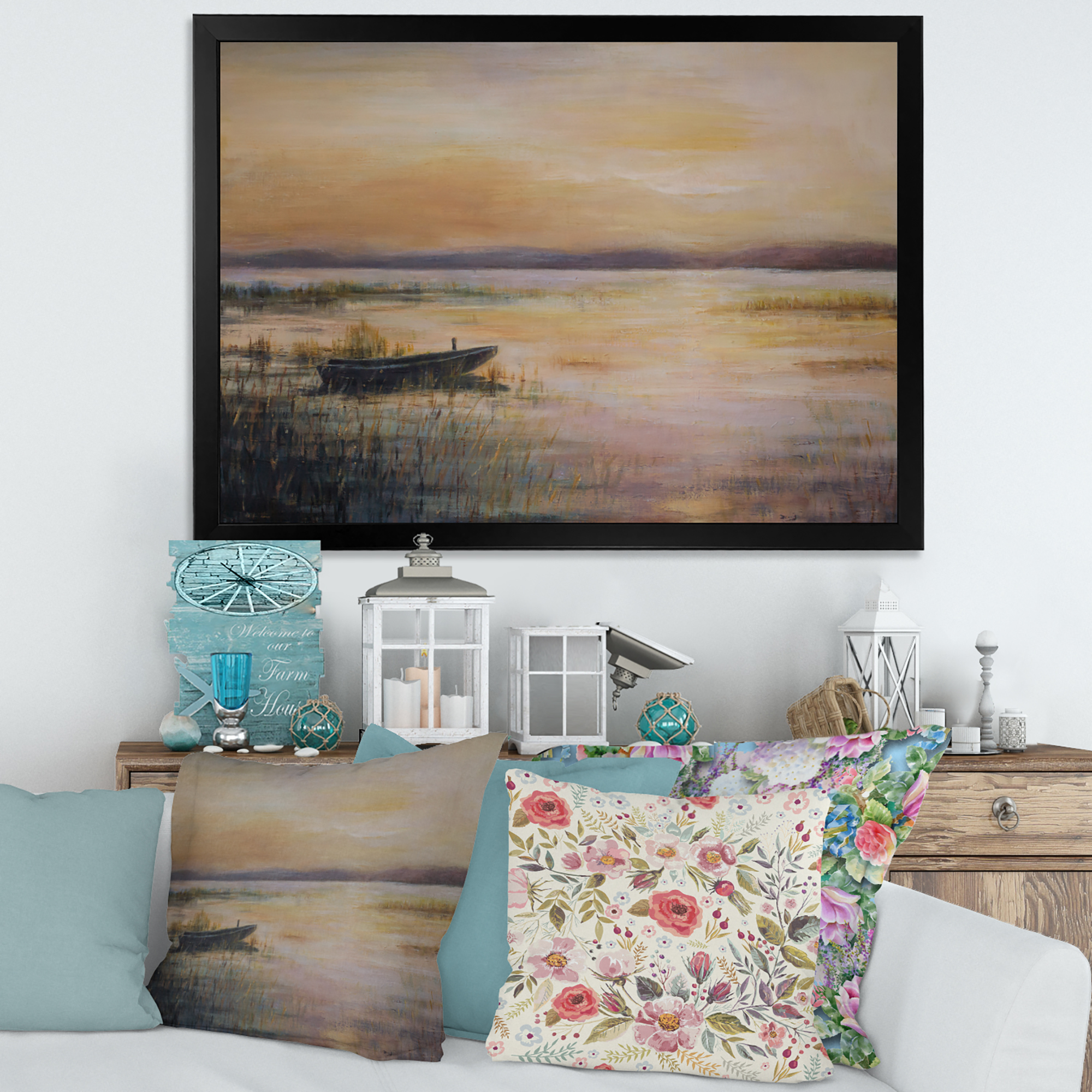 Designart 'Pastel Boat Sunset Over The Lake' Nautical & Coastal Framed Art Print