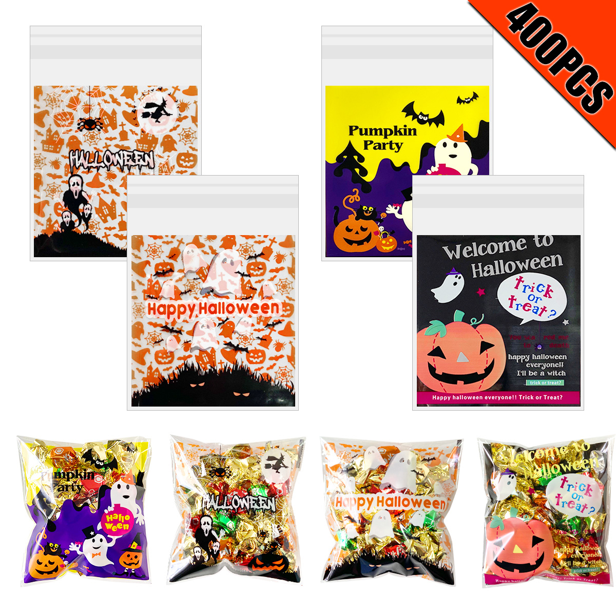Halloween Cellophane Candy Bags 400 Pcs - Self-Adhesive Treat Bags With Ghost & Pumpkin Designs, 3.94x5.12 Inches
