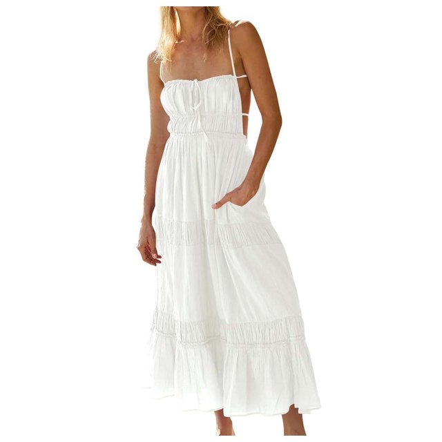 Vestido largo sin espalda con tirantes finos para mujer - Color liso, tirantes ajustables, diseño fluido y vaporoso para el verano