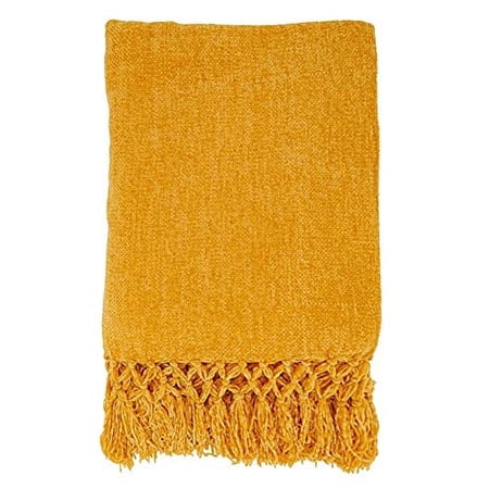 Fennco Styles Hand-Knotted Solid Chenille Throw 50 W x 60 L - Mustard Throw Blanket for Couch Living Room Bedroom Everyday Use Holiday and Home Décor
