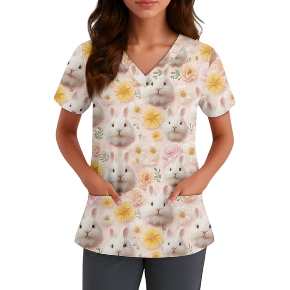 Fabrcox S-5XL Easter Bunny Eggs Print Holiday Scrubs Top V Neck Short Sleeve Easter Women Nurse Uniform with Pocket
