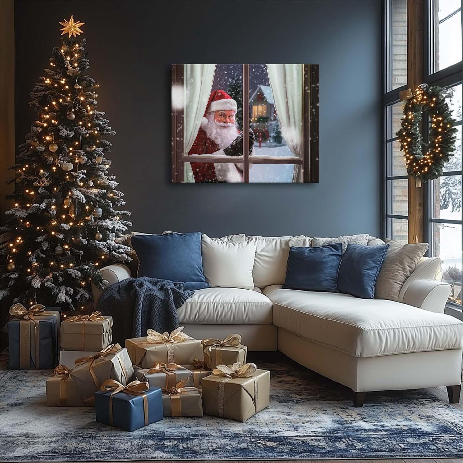 Christmas Santa Claus Peeking Through Window Canvas wall art decor, Cozy Winter Holiday Wall Art for Living Room, Bedroom or Office, Unique Christmas Gift for Family and Friends 16X20inch