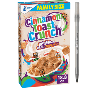 General Mills Cinnamon Toast Crunch Family Size Cereal with pan