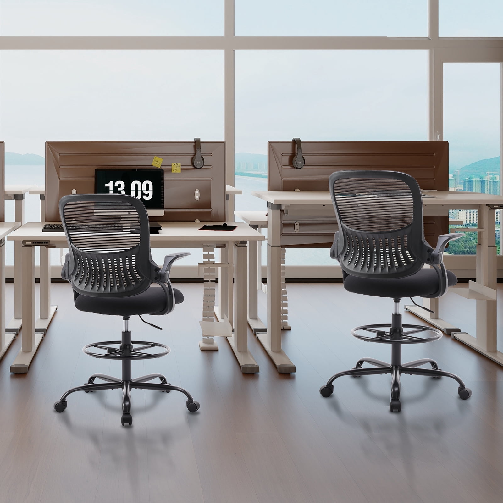 GIANNA Ergonomic Tall Mesh Office Chair with Storable Lumbar Support, Adjustable Foot Ring, Armrests, and Mid-Back Design – High Task Chair with Wheels, Black