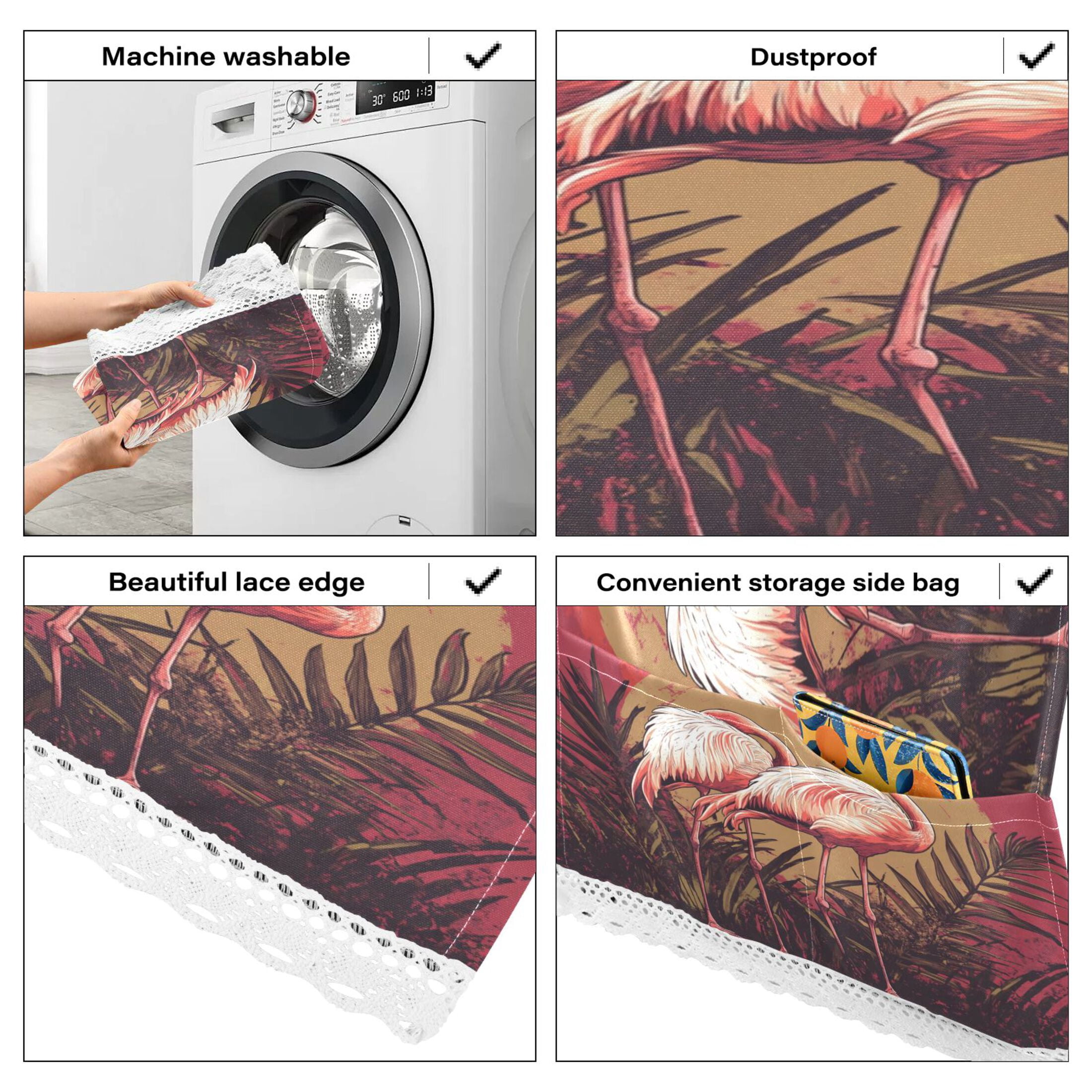 Washing Machine Cover 51.2x22in, Durable Polyester Dust Cover with Lace Trim and Side Pocket for Appliances Sunset Flamingo Pattern