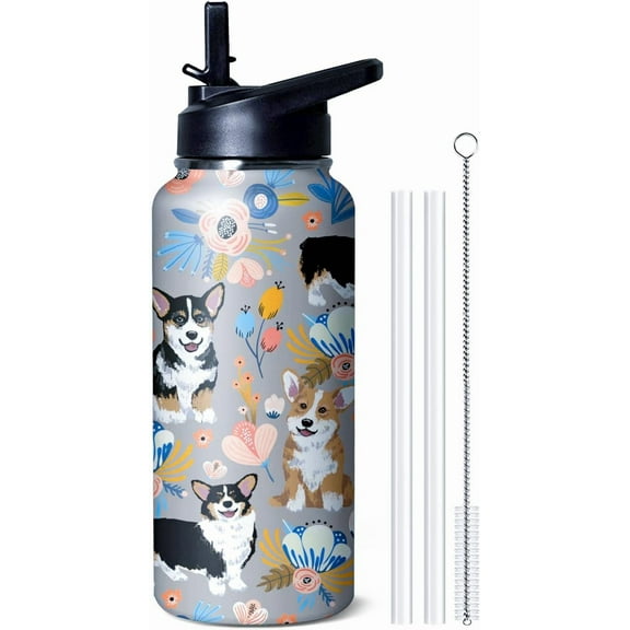 32 oz Corgi Water Bottle Cute Dog Tumbler Corgi Gifts Insulated Water bottle with Straws and Flip Lid Stainless Steel Dog Travel Cup