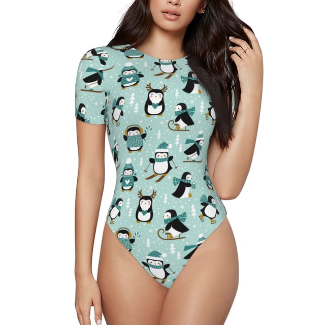 Lsque Combinaison de Ski d'Hiver Pingouin pour Femmes Col Rond Manches Courtes T-Shirts Basiques Grenouillère Adulte Mignon Pyjama-TG