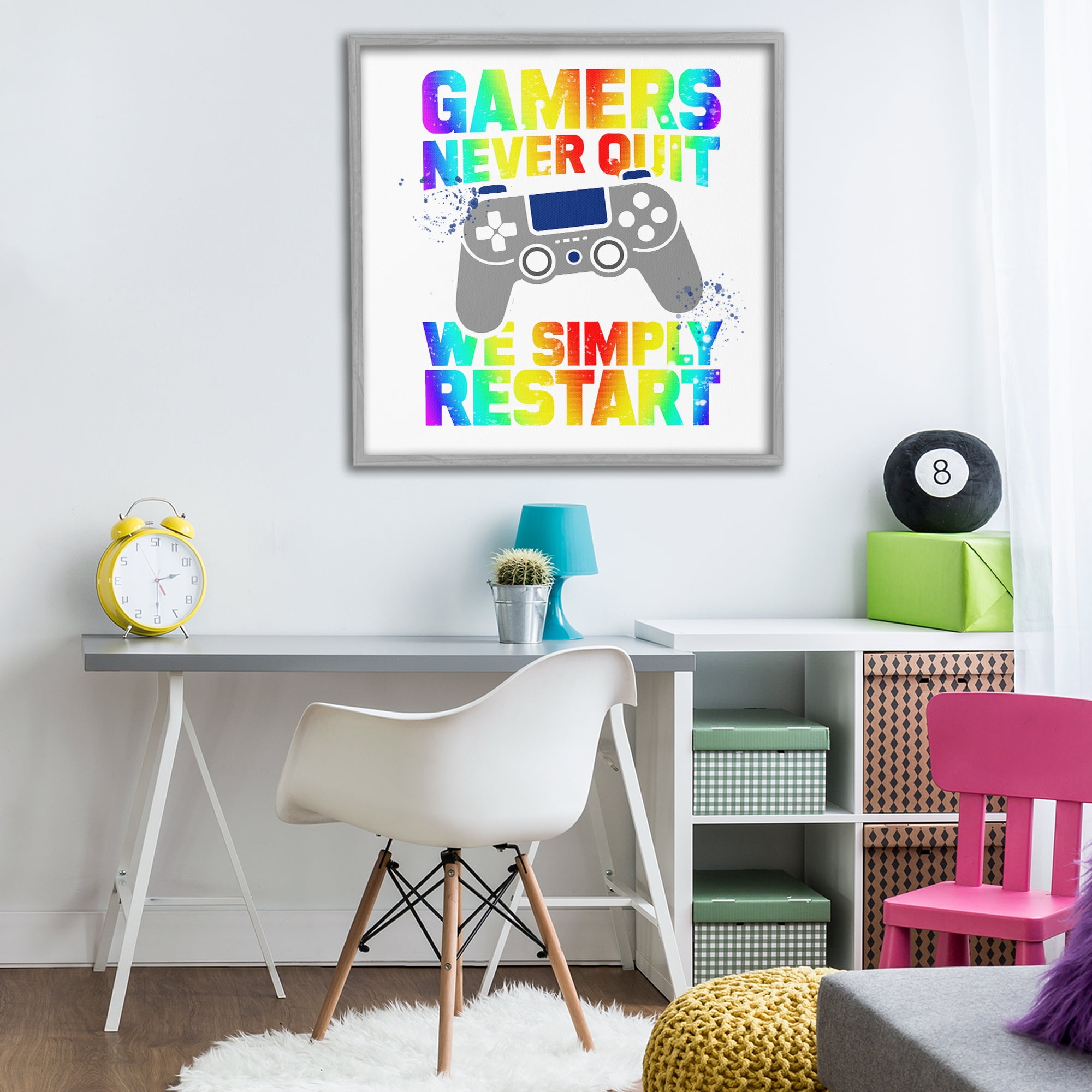 Rainbow Gamers Never Quit Gray Framed Giclee Art, design by Kim Allen