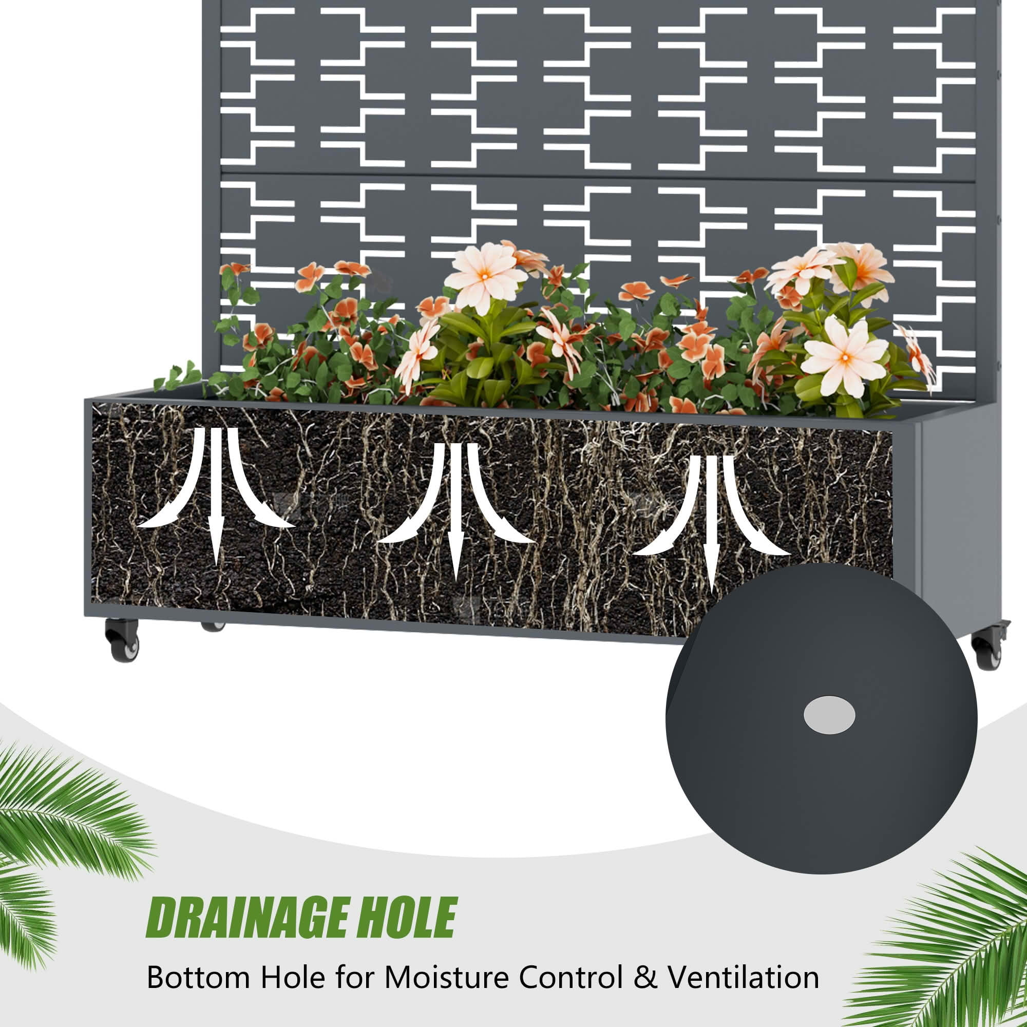 MAYEERTY 72X47" Metal Outdoor Cambrian Gray Privacy Screen with Planter Box for Backyard & Garden, 5 Piece Set