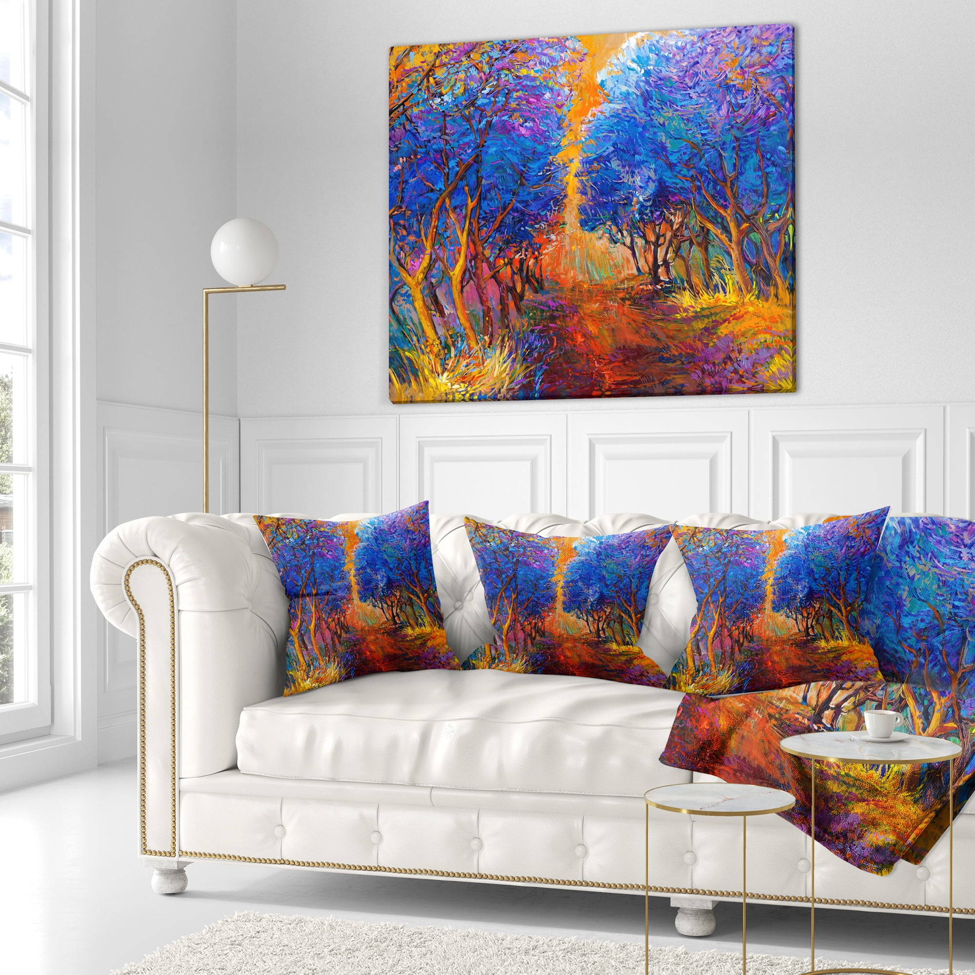 Designart Blue Autumn Forest - Landscape Printed Throw Pillow - 16x16
