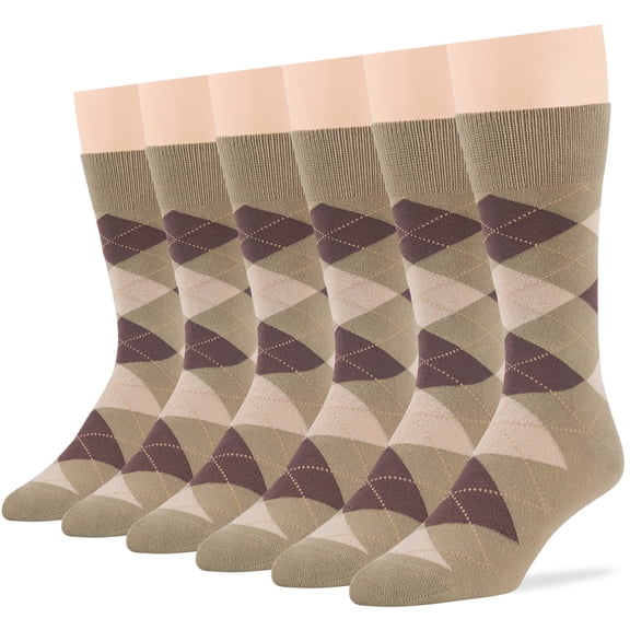 7BIGSTARS KINGDOM Men's Dress Argyle Cotton Socks - 6 Pack - Large - Casual Seamless Socks Size 10-13 Shoe Size 6-12 L Khaki