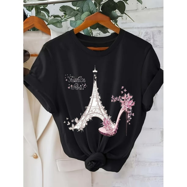 Women'S Eiffel Tower & High Heel Print T-Shirt, Casual Crew Neck Short Sleeve Top, Cotton Knit Fabric, All Season Fashion, 220gsm - White