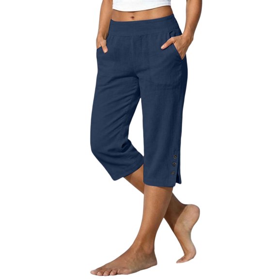Women's Straight Capri Pants, Elastic Waist Cropped Trousers with Side Buttons, Lightweight Summer Casual Bottoms