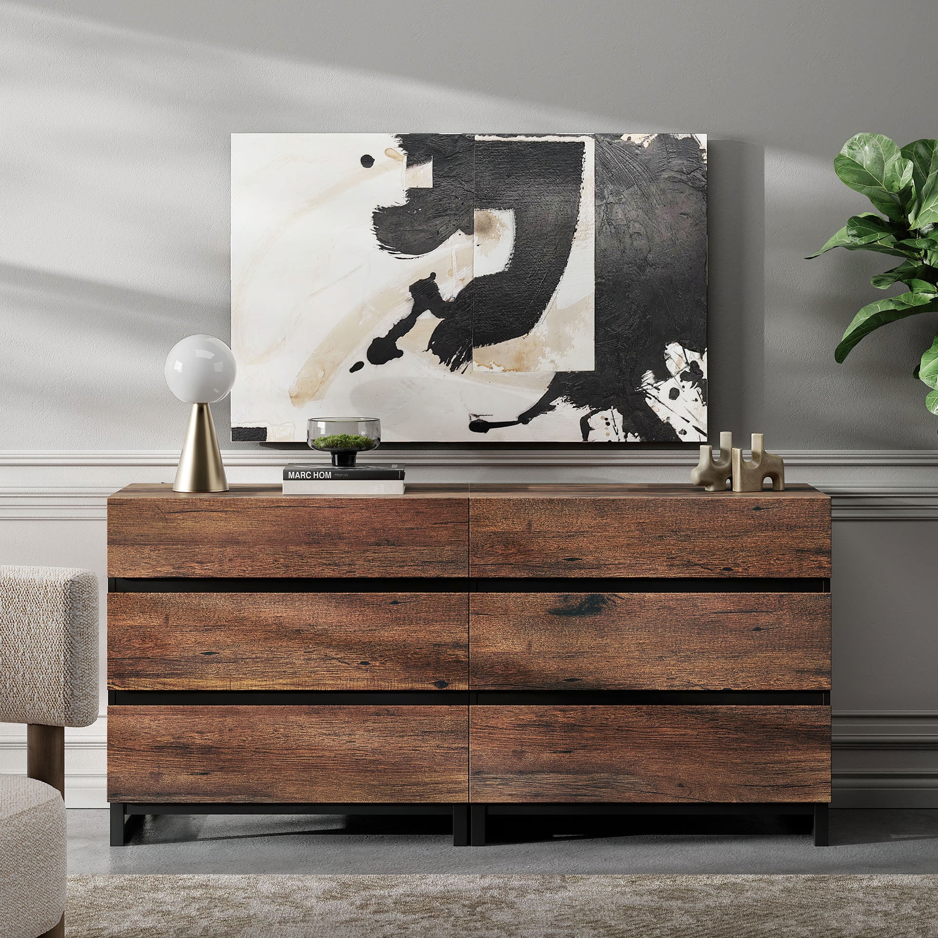Modern Wood Dresser with 6 Drawers and Sturdy Metal Base, Multi-Functional Chest of Drawers Storage Organizer for Bedroom, Living Room, Hallway and Entryway, Brown