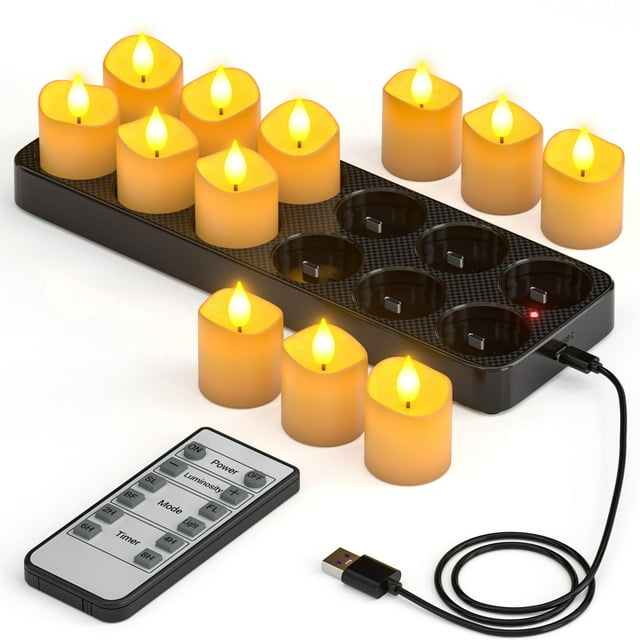 Yme Rechargeable Tea Lights Candles with Charger Storage Base, 12 Pack Battery Operated LED Flameless Votive Candles with Remote Timer for Gener