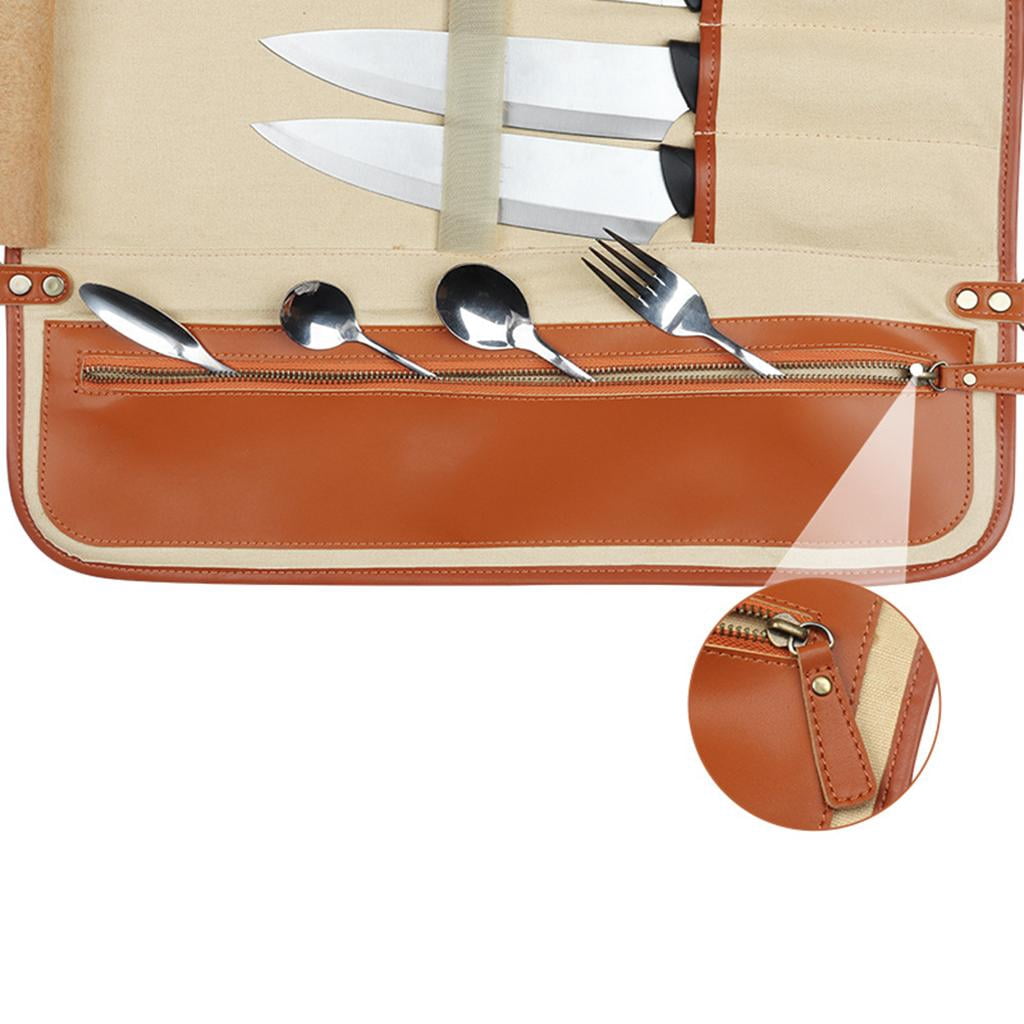 Roll Case, Leather Cutlery Holders Protectors, Home Kitchen Cooking Utensils Wrap Bag Wallet , Roll Bag Brown