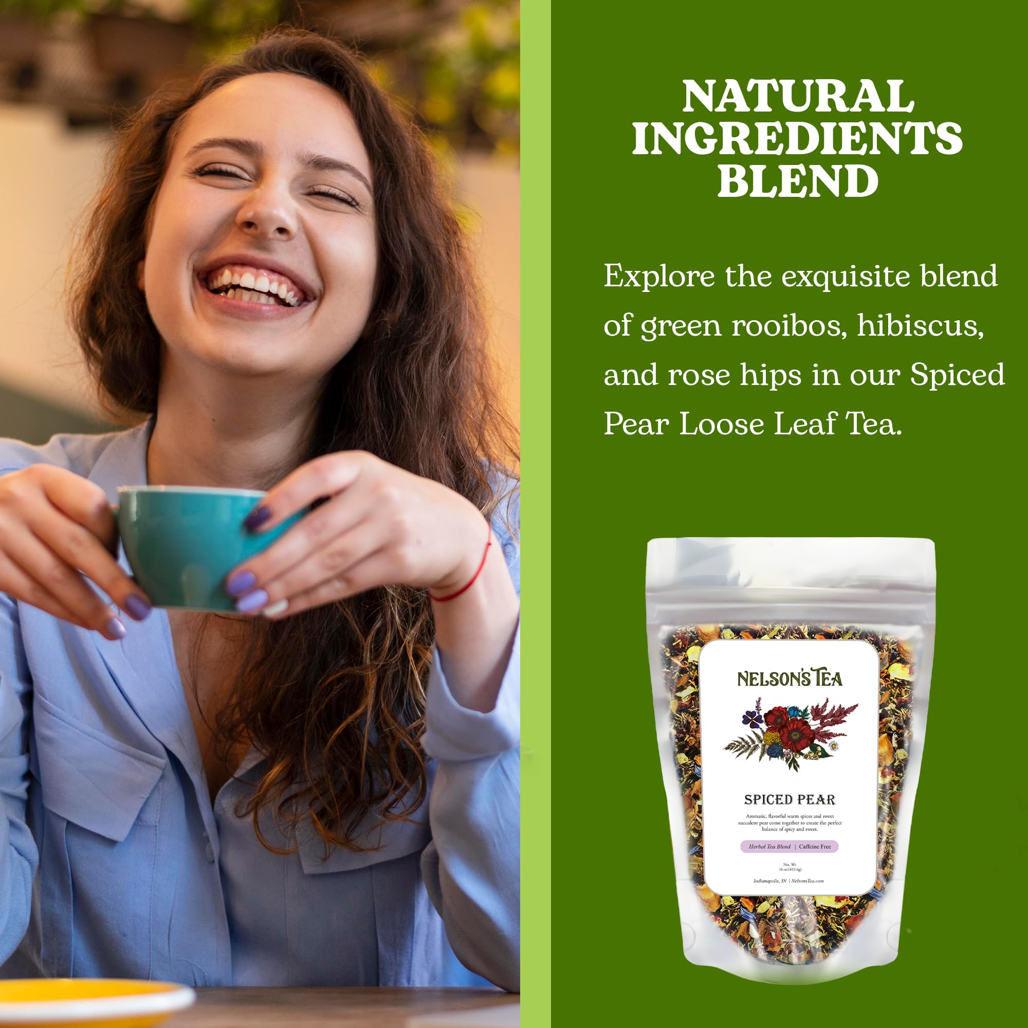 Nelson's Tea - Spiced Pear Loose Leaf Tea-Blend of Green Rooibos, Hibiscus, Rose Hips, Chicory Root, Chamomile, Dried Pears, Cornflowers, Cinnamon, Star Anise, Orange Peel, and Natural Flavors- 16oz