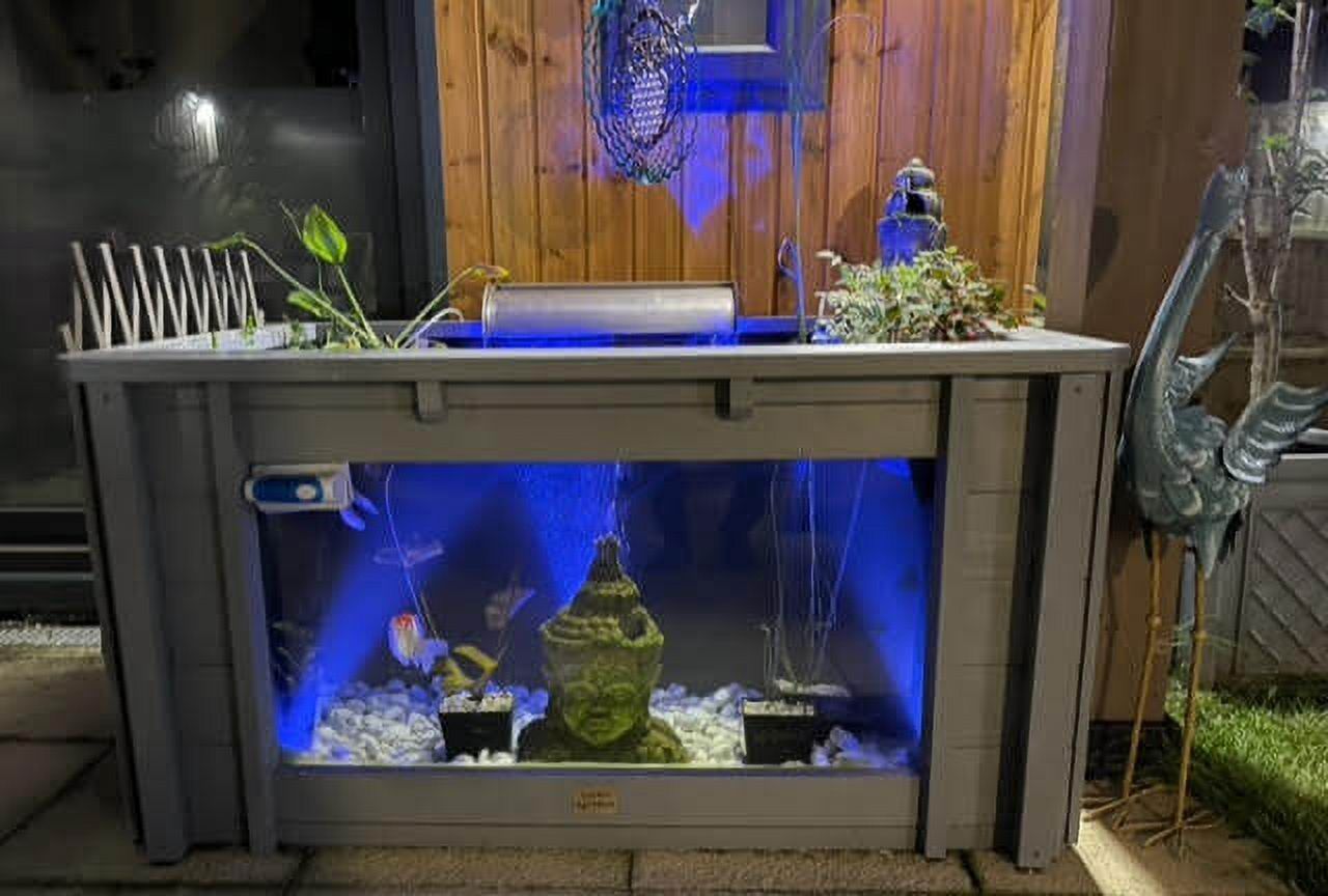 Raised Rectangle Wood Pond with Large Window Iris Clear View Garden Aquarium in Gray - 138 Gallon.