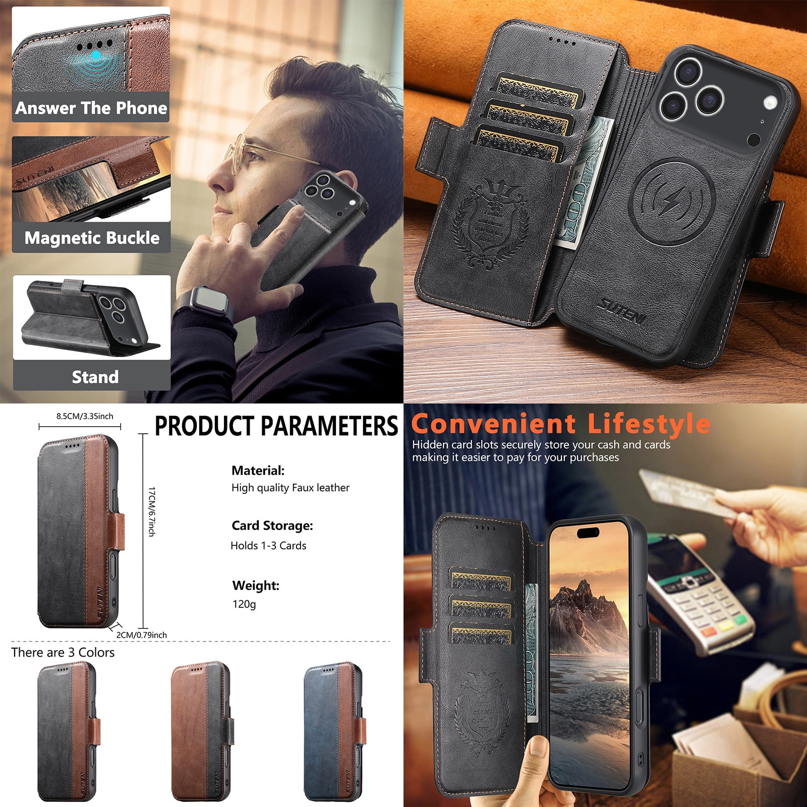 PU Leather for iPhone 17 Pro Max Case, 2 in 1 Detachable Wallet Case with Card Holder, Removable Flip Stand Folio Cover with RFID Blocking Phone Cover [Compatible with MagSafe],Black
