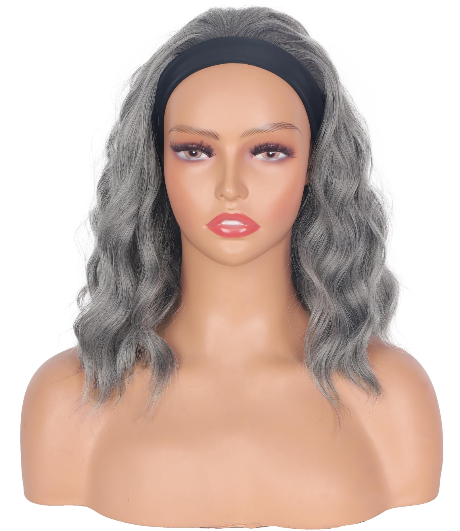 Black Headband Wigs With Brown Highlights For Women 14 Inch Wavy Heat Resistant Synthetic Soft Light Natural Looking Hair Replacement Wigs