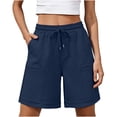 thumbnail image 2 of Women's Summer Cotton Linen Blend Solid Color Bermuda Shorts Elastic Waist Drawstring Side Pockets Casual Navy, 2 of 5