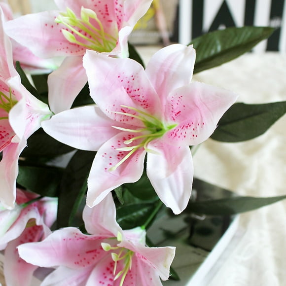 QIDESHIP 10 Artificial Pink Lilies, Household Imitation, one 10-Head Artificial Lily in Pink, 10 Heads Artificial Fake Silk Lilies Flower Bridal Bouquet Wedding Party Decor for Home Decor