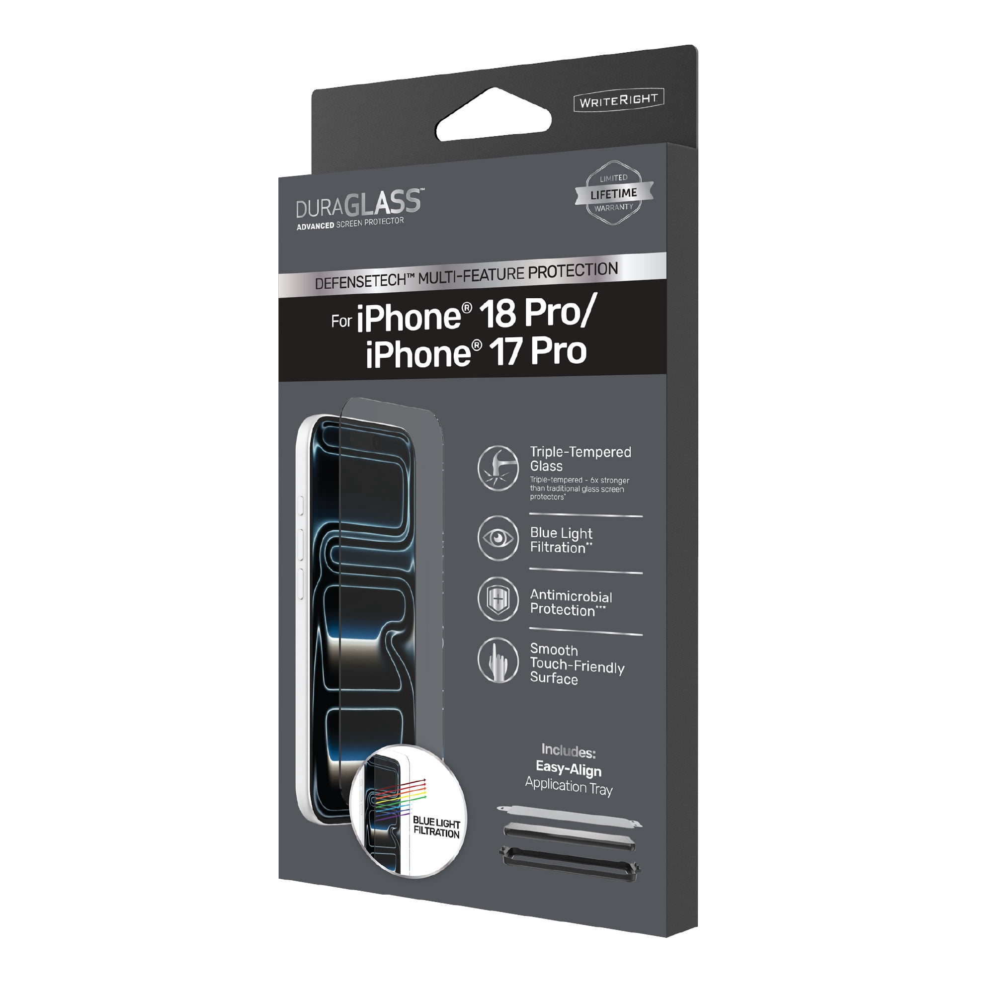 DuraGlass DefenseTech Glass Screen Protector with Blue Light Filter for iPhone 18 Pro / 17 Pro with Easy Application Tray