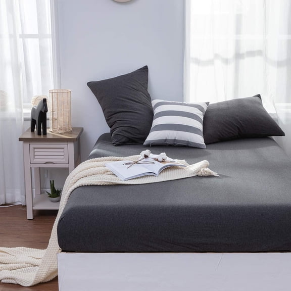 Jersey Knit Cotton Fitted Sheet Set Queen Heathered Charcoal Grey Extra Deep Pocket Wrinkle-Free Ultra Soft