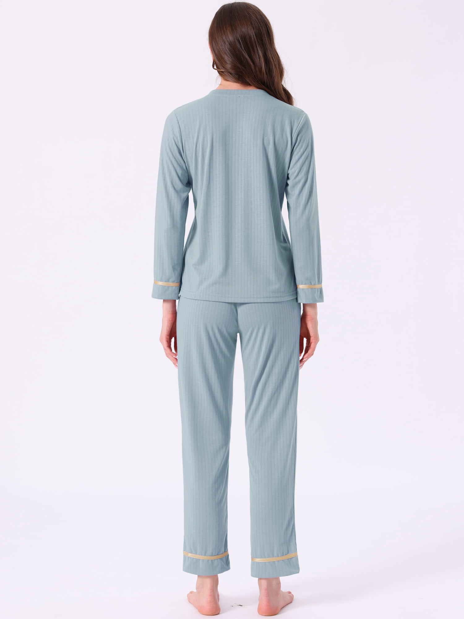 DARING DIVA Women's Cotton Ribbed Pullover V-neck Tops with Bottoms Pajama Sets S Blue