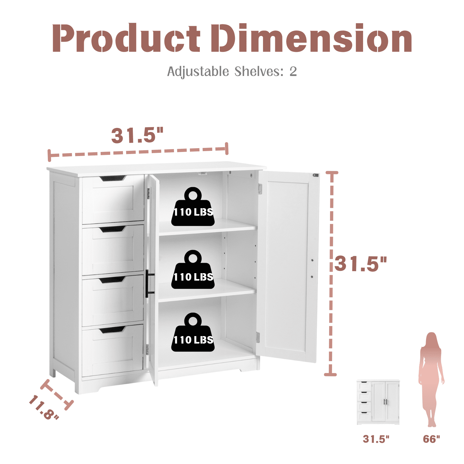 Ktaxon White Wooden Bathroom Floor Cabinet, 4 Drawers, 1