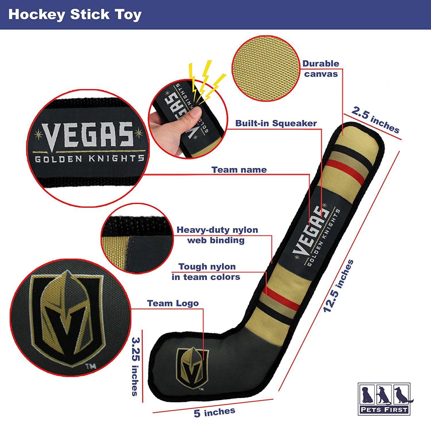 Pets First NHL Vegas Golden Knights Hockey Stick Toy for Dogs & Cats - Heavy-Duty, Durable Dog Toy with Squeaker