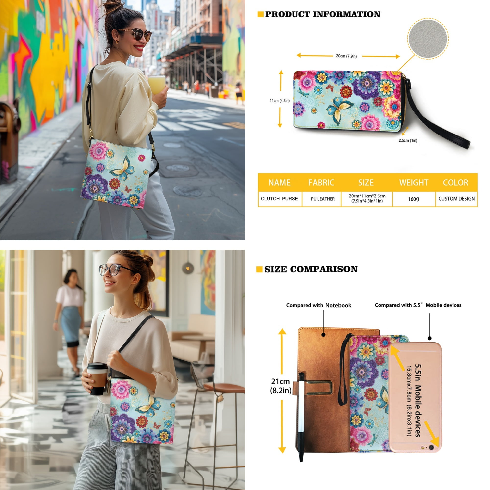 ZUXONGSY Boho Mandala Butterfly Print Crossbody Handbag with Leather Wallet for Women Lady Multipurpose Bucket Bag Tote Purse Set Fashion Crossbody Hobo Bag with Wallet Set for Working