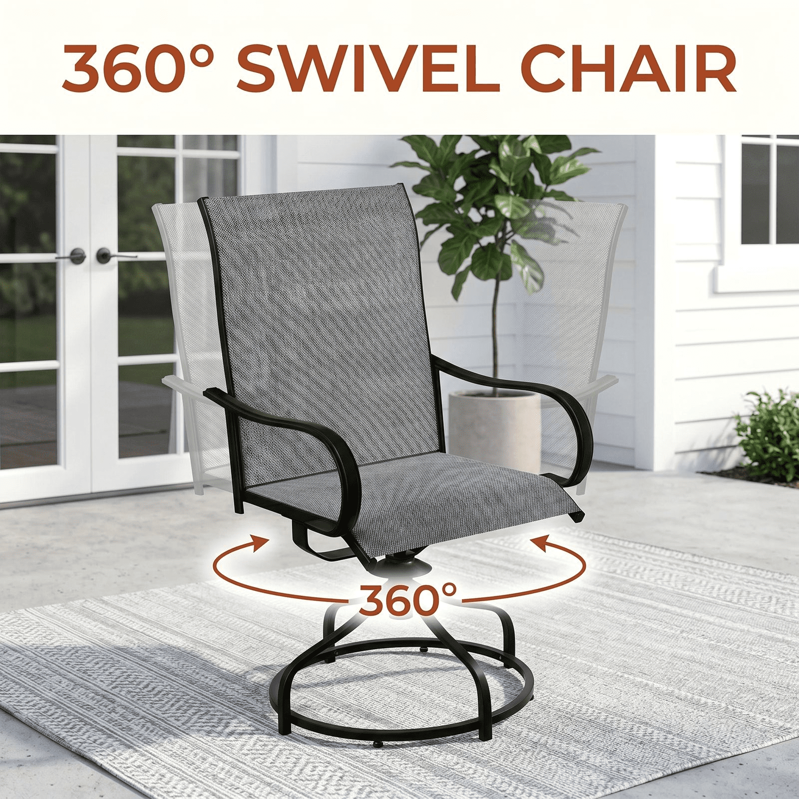 Arlopu Patio Swivel Chair Set of 4, Outdoor 360° Rocker Dining Chairs W/ 24" High Back & Ergonomic Armrest for Backyard Garden Deck, 330LBS, Gray