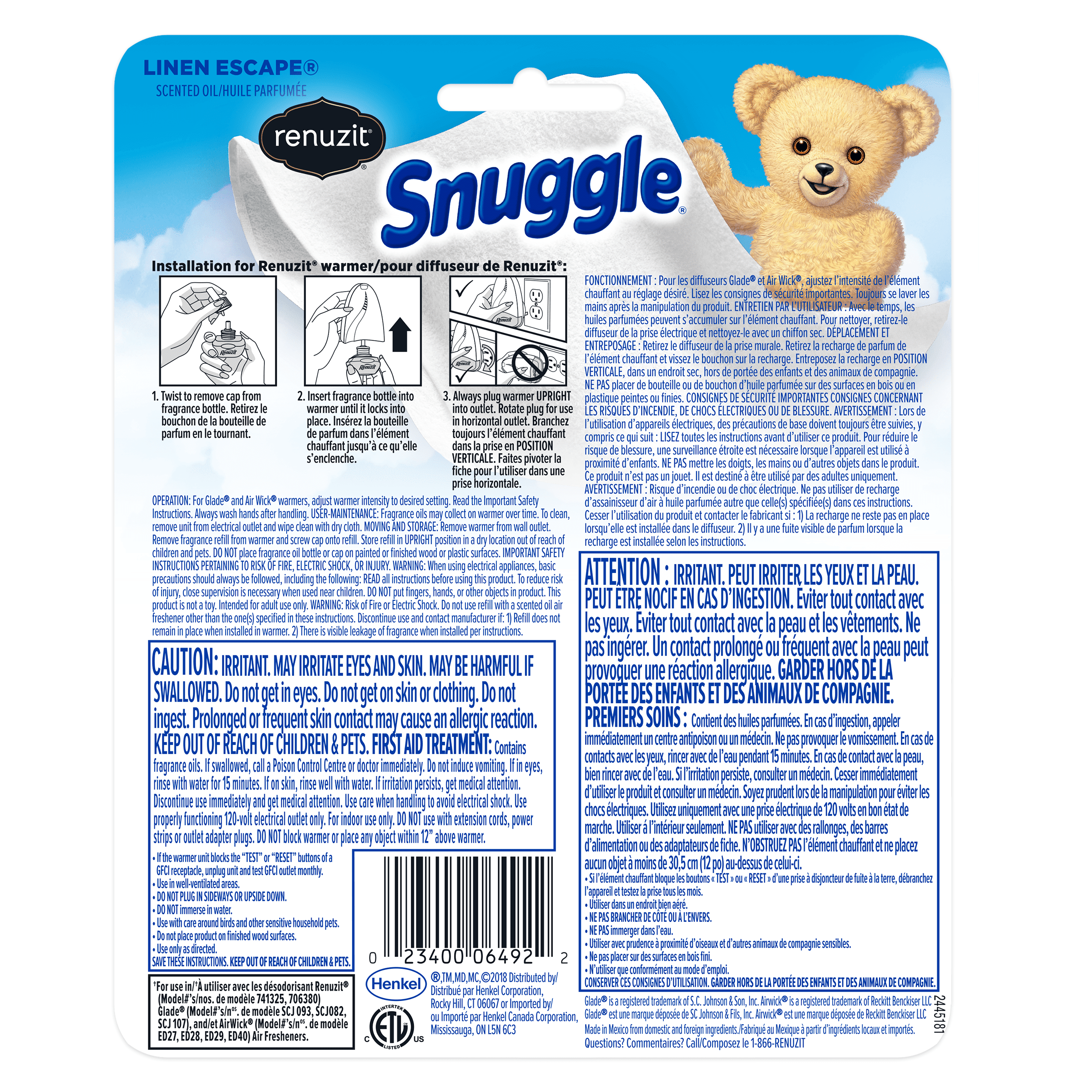 Renuzit Snuggle Scented Oil Refill for Plug In Air Fresheners, Linen Escape, 2 Count