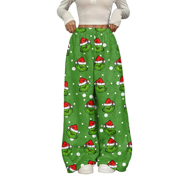 Women's Casual Christmas Print Elastic Waist Loose Fit With Plush Wide Leg Pants