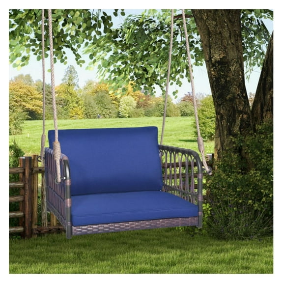 Hanging Chair Swing Seat with Cushions - Single Person Patio Porch Swing - Heavy Duty Metal Frame, PE Rattan, Backyard Relaxation
