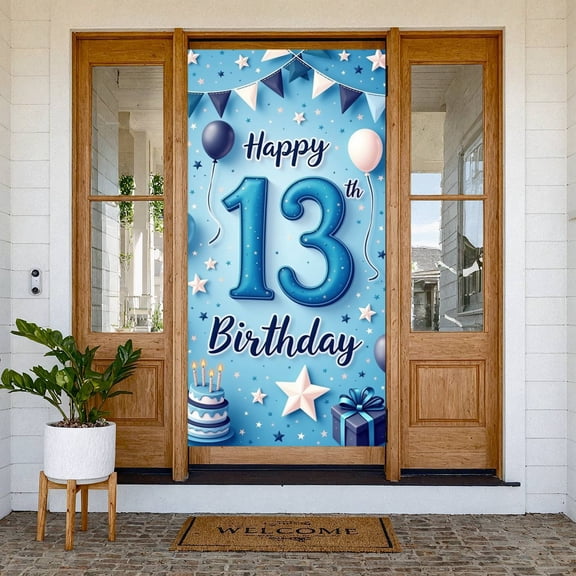 Blue Theme Happy 13th Birthday Banner Starry Design 13th Birthday Display Balloon Decor Cake Teen Birthday Backdrop for 13th Birthday Party Teen Celebration Indoor Decoration