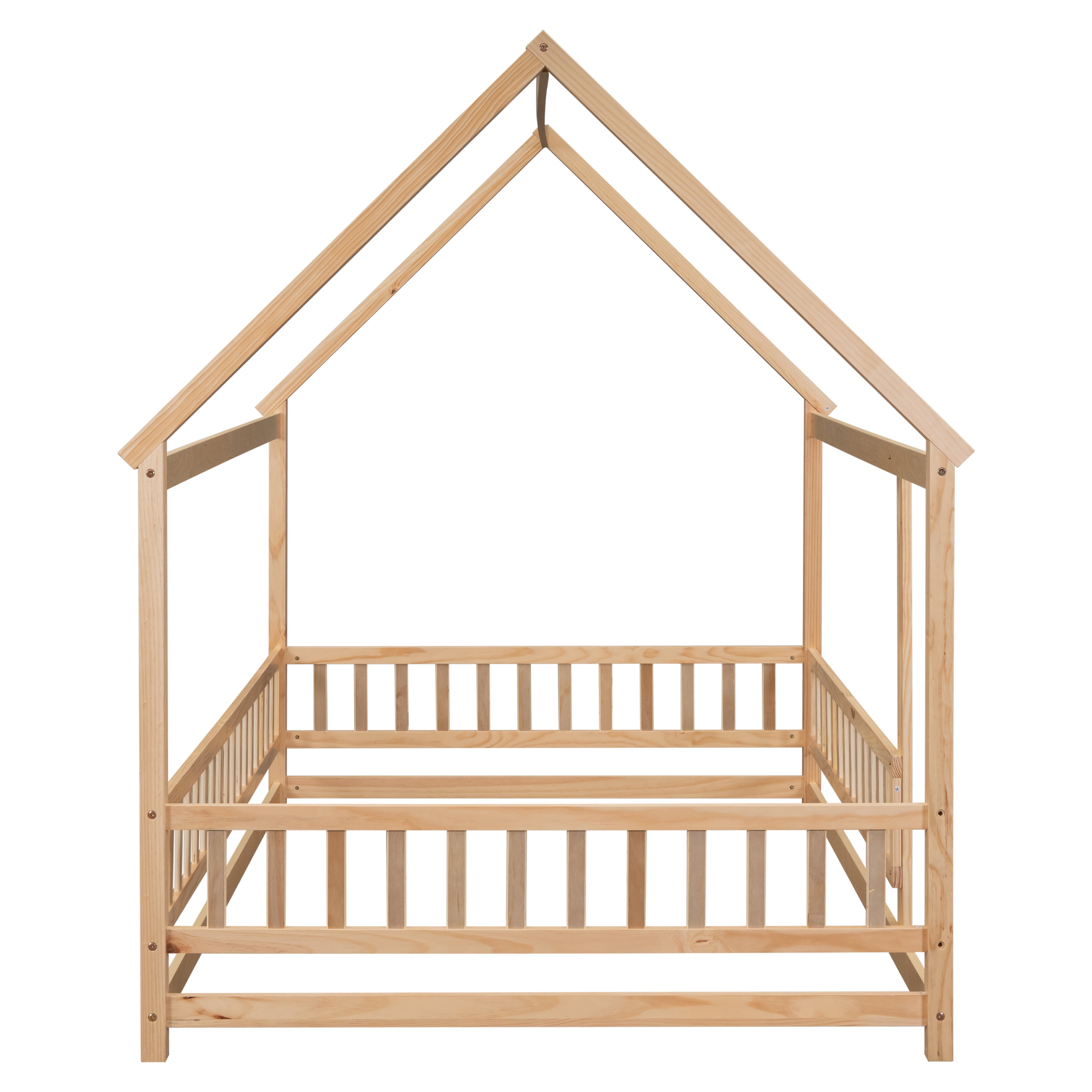 Miniyam Full Size Floor Bed with House Roof & Fence for Toddler, Natural