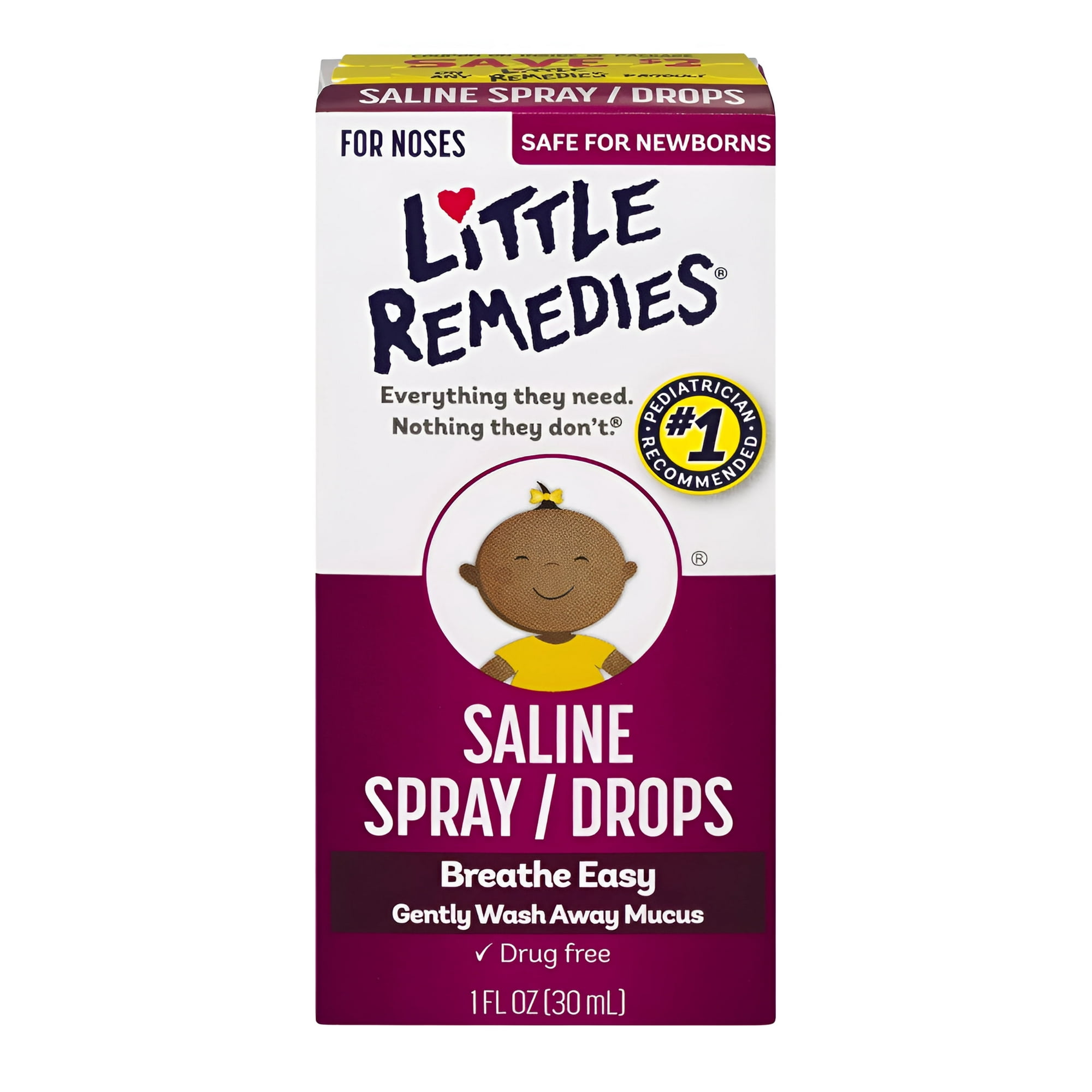 Little Remedies Newborn + Saline Spray Drops, Wash Away Mucus, 1 oz, 3-Pack