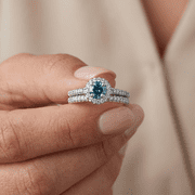 Pompeii 3/4Ct Halo Round Blue Diamond Engagement Matching Wedding Ring Set White Gold