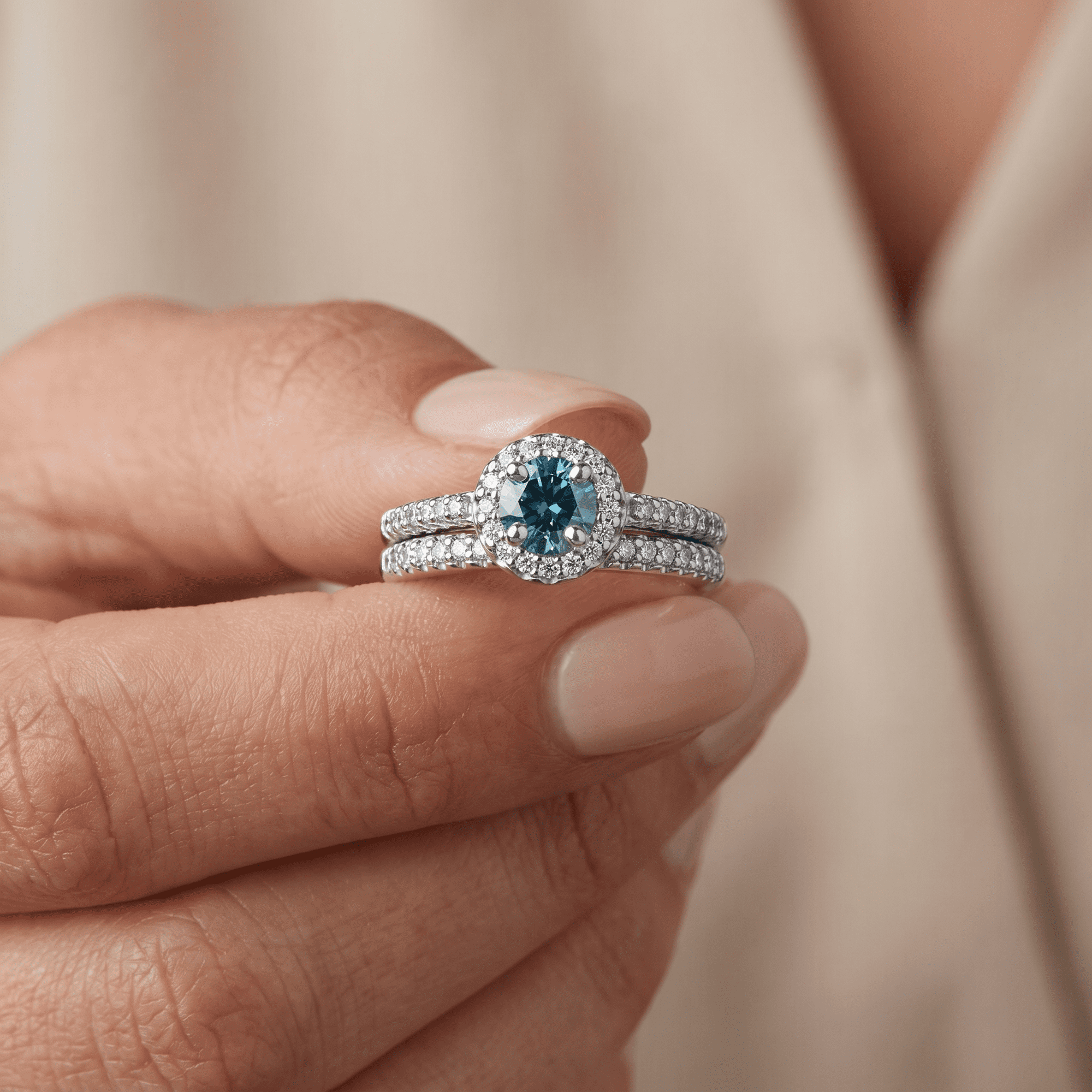 Pompeii 3/4Ct Halo Round Blue Diamond Engagement Matching Wedding Ring Set White Gold