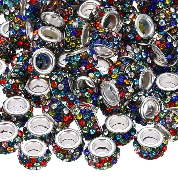100 Pcs Large Hole Bead, 12mm Rhinestone European Beads for Bracelet Jewelry Making, Pen Crafts (Black Mixed Colors)