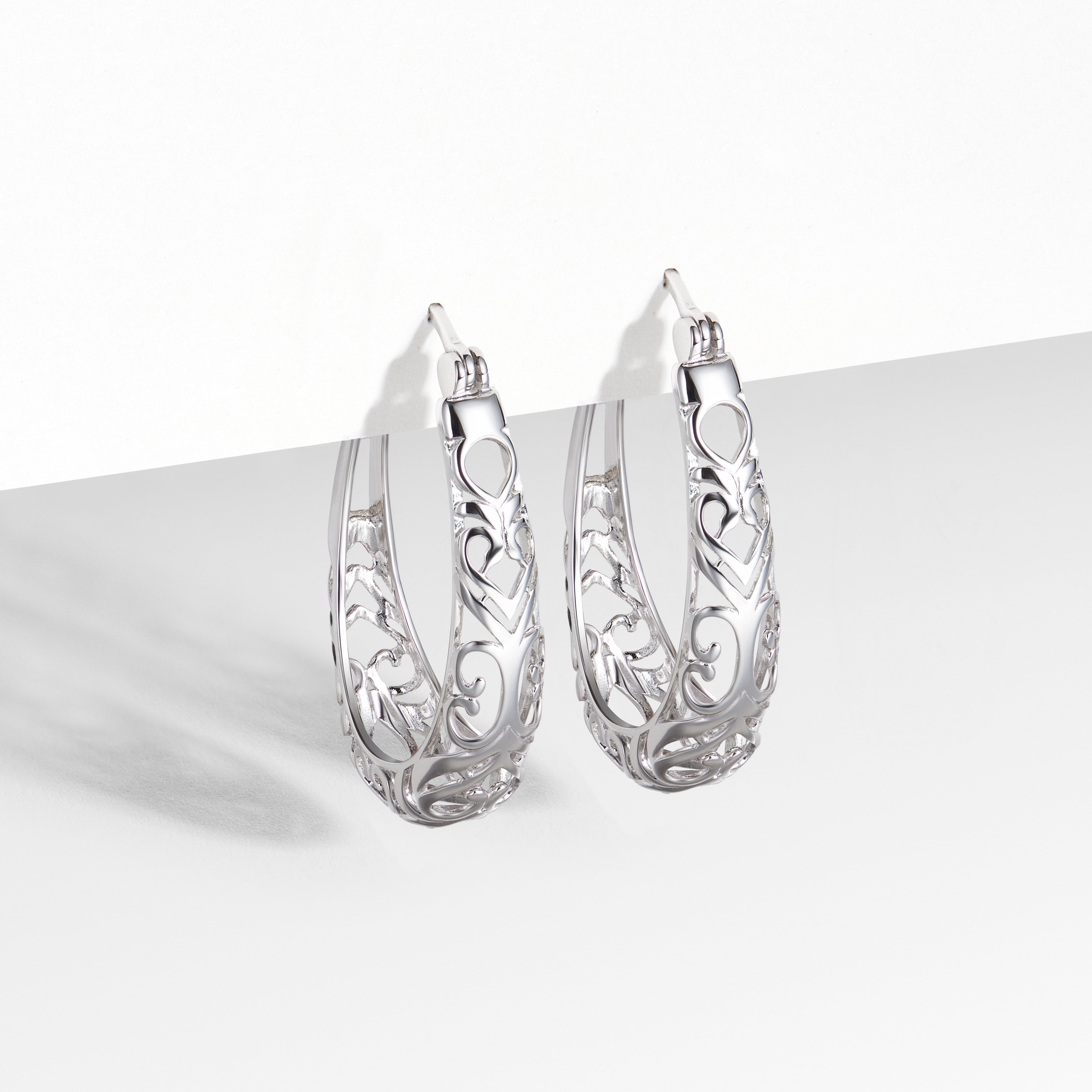 Forever Facets Filigree Oval Hoop Earrings in Rhodium Plated Sterling Silver, Adult Female