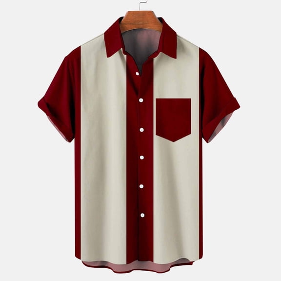 hlysgo Bowling Shirts for Men Vintage Color Block Short Sleeve Hawaiian Collared Shirt Loose Fit Button Down Summer Vacation Shirts with Pocket Wine XXL
