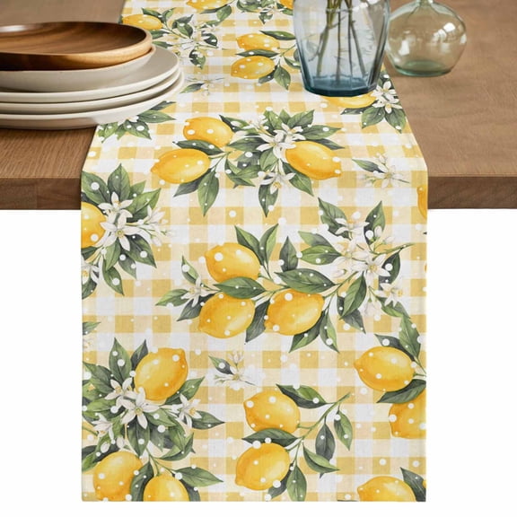 Summer Lemon Table Runner 72 Inches, Tropical Botanical Leaves Yellow Plaid Bed Runner Dresser Scarves Tabletop for Indoor Outdoor Parties/Ceremony/Banquet, 13" x 72"