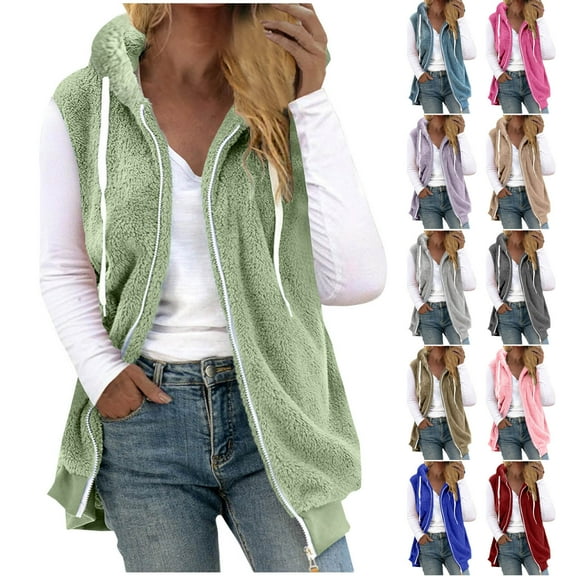 Lovskoo 2024 Womens Fuzzy Fleece Vest Cozy Sleeveless Winter Warm Vests with Pocket Zip Up Hooded Waistcoat Outerwear Blue